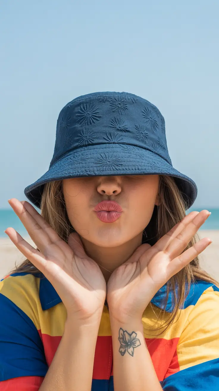 summer heads 2026 Bold texture - the deep blue embroidered bucket