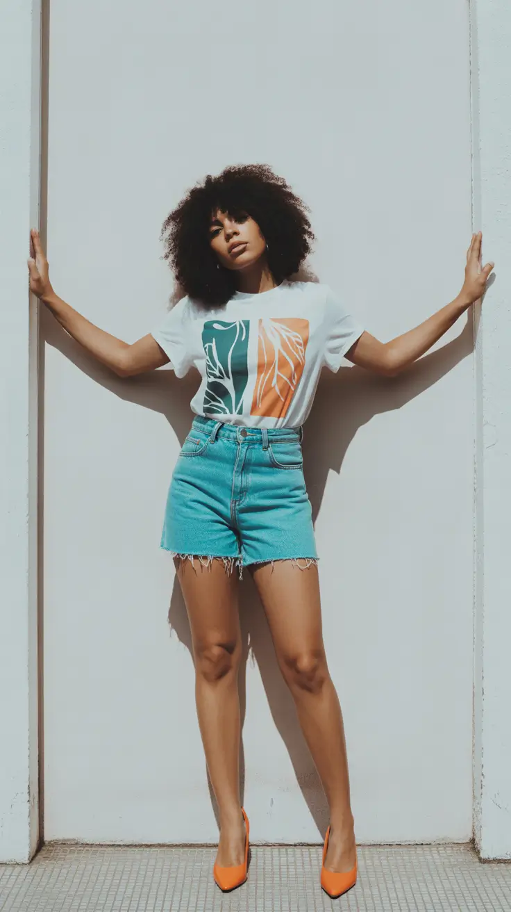 summer outfits with heels for women 2026 Graphic Tee and Bright Heels for Casual Contrast