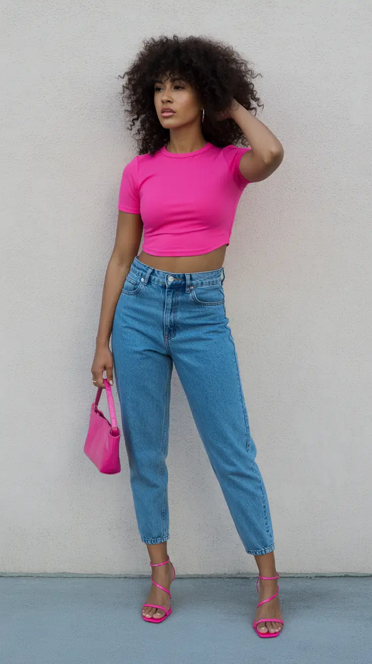 summer outfits with heels for women 2026 Pink Crop Top and Denim with Statement Heels