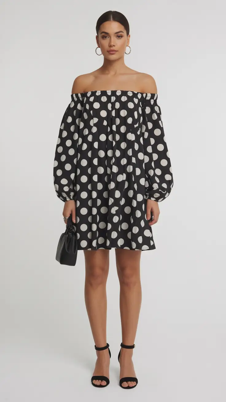 summer outfits with heels for women 2026 Polka Dot Off-Shoulder Dress with Classic Black Heels