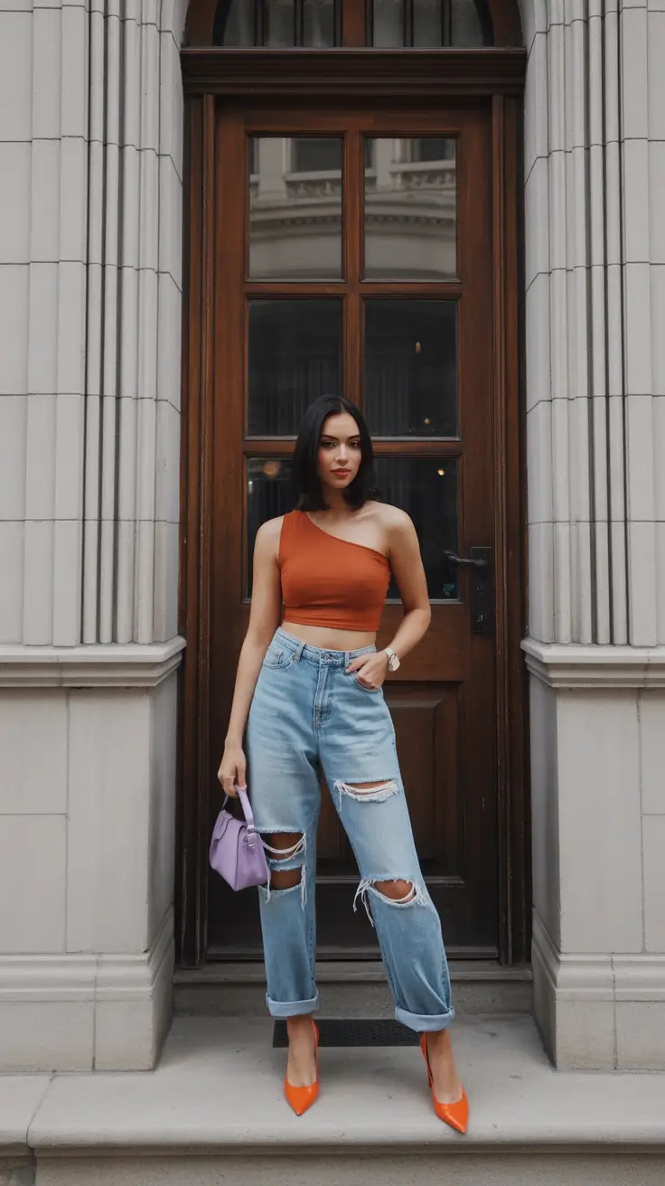 summer outfits with heels for women 2026 One-Shoulder Top and Relaxed Denim with Bold Heels