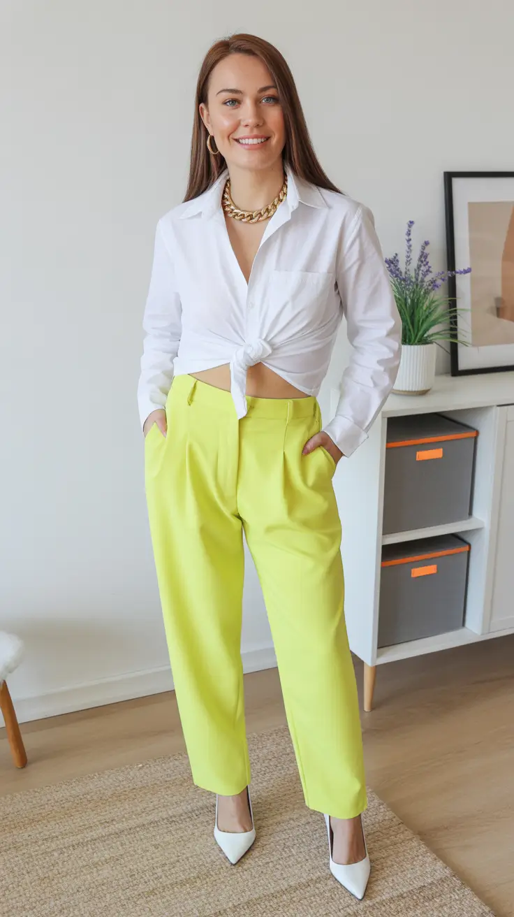 summer outfits with heels for women 2026 White Shirt and Tailored Trousers with Elegant Heels