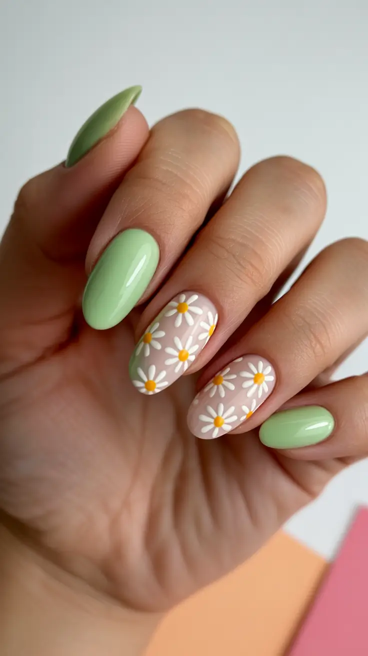 spring nail colors 2026 Fresh Meadow Pastels With Daisy Accents