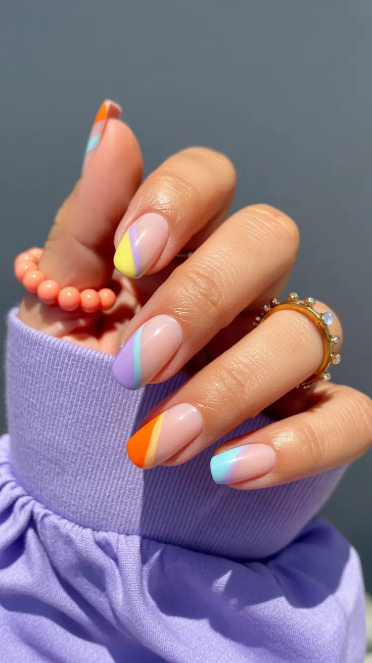 spring nail colors 2026 Diagonal Rainbow French Soft Glow