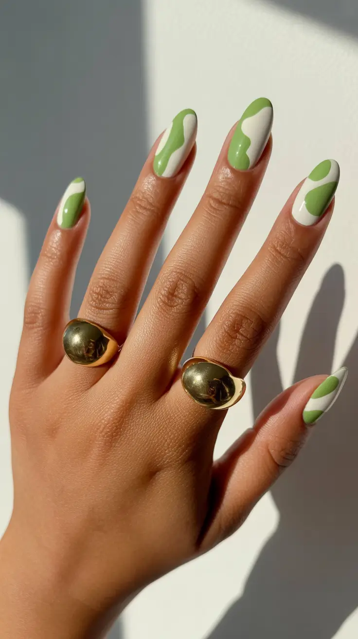 spring nail colors 2026 Two-Tone Olive & Cream Curves
