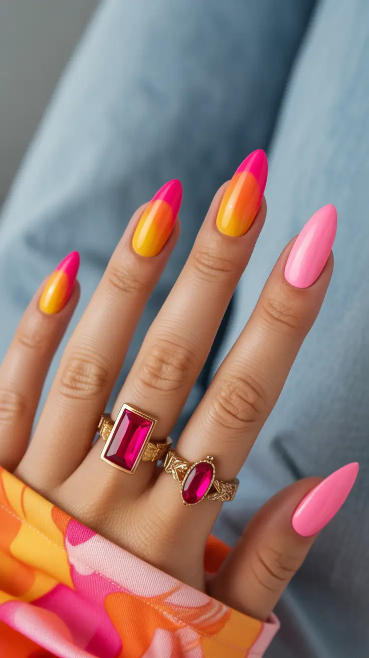 spring nail colors 2026 Sunset Neon Ombre Drama