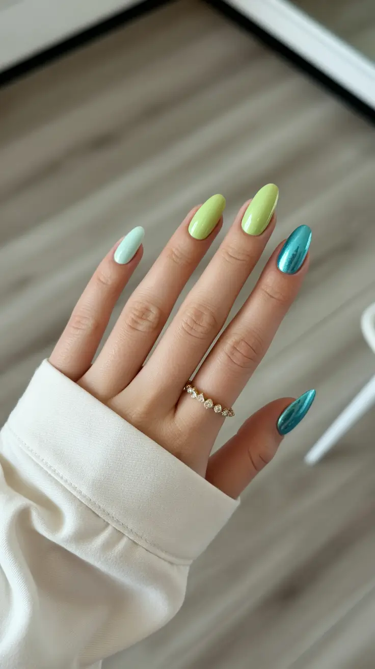spring nail colors 2026 Mint-To-Teal Mixed Metallic Harmony