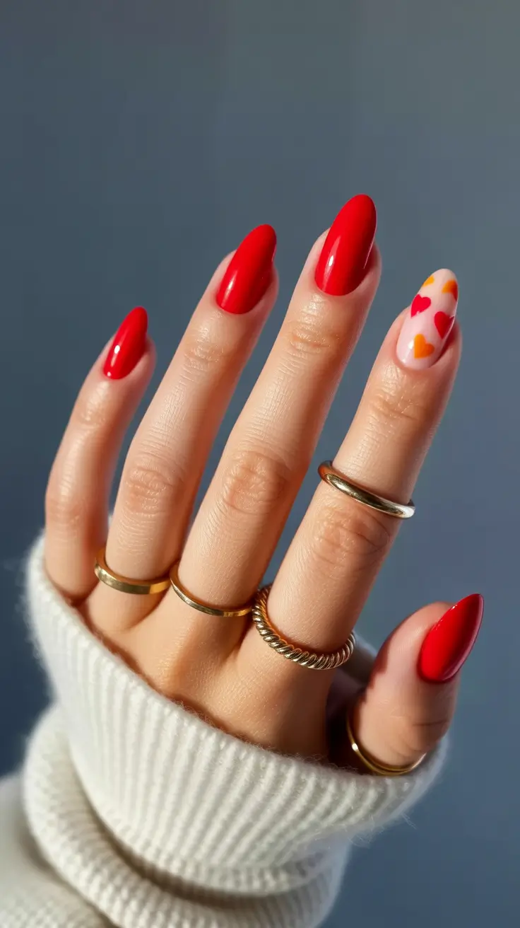 spring nail colors 2026 Cherry Red With Heart Confetti Accent