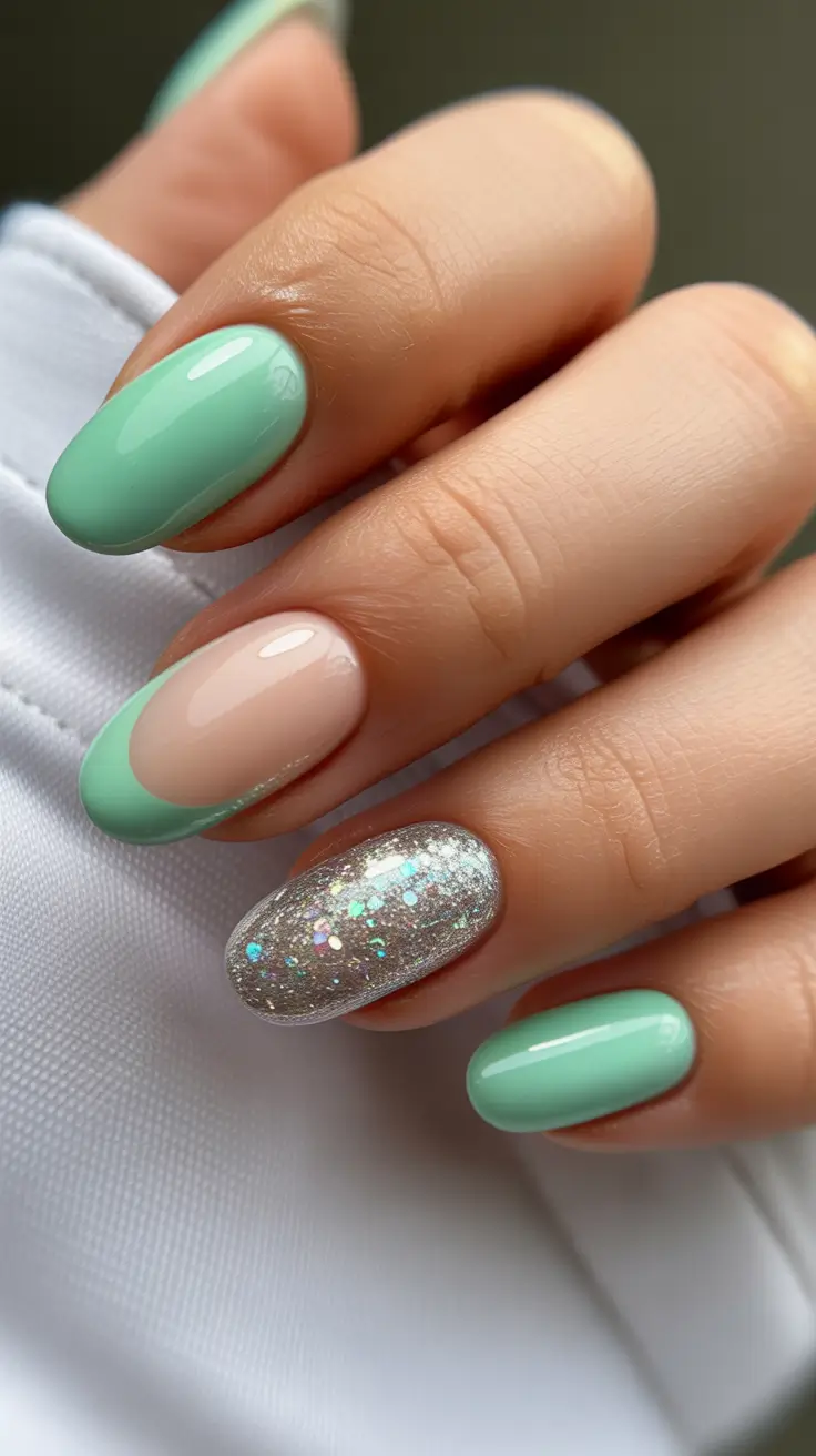 spring nail colors 2026 Mint Gloss With Moon Detail and Sparkle Accent