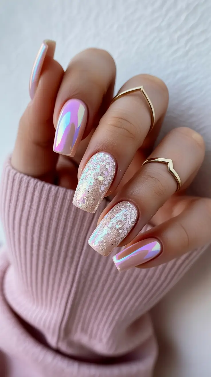 spring nail colors 2026 Iridescent Rose Chrome With Soft Glitter Layers