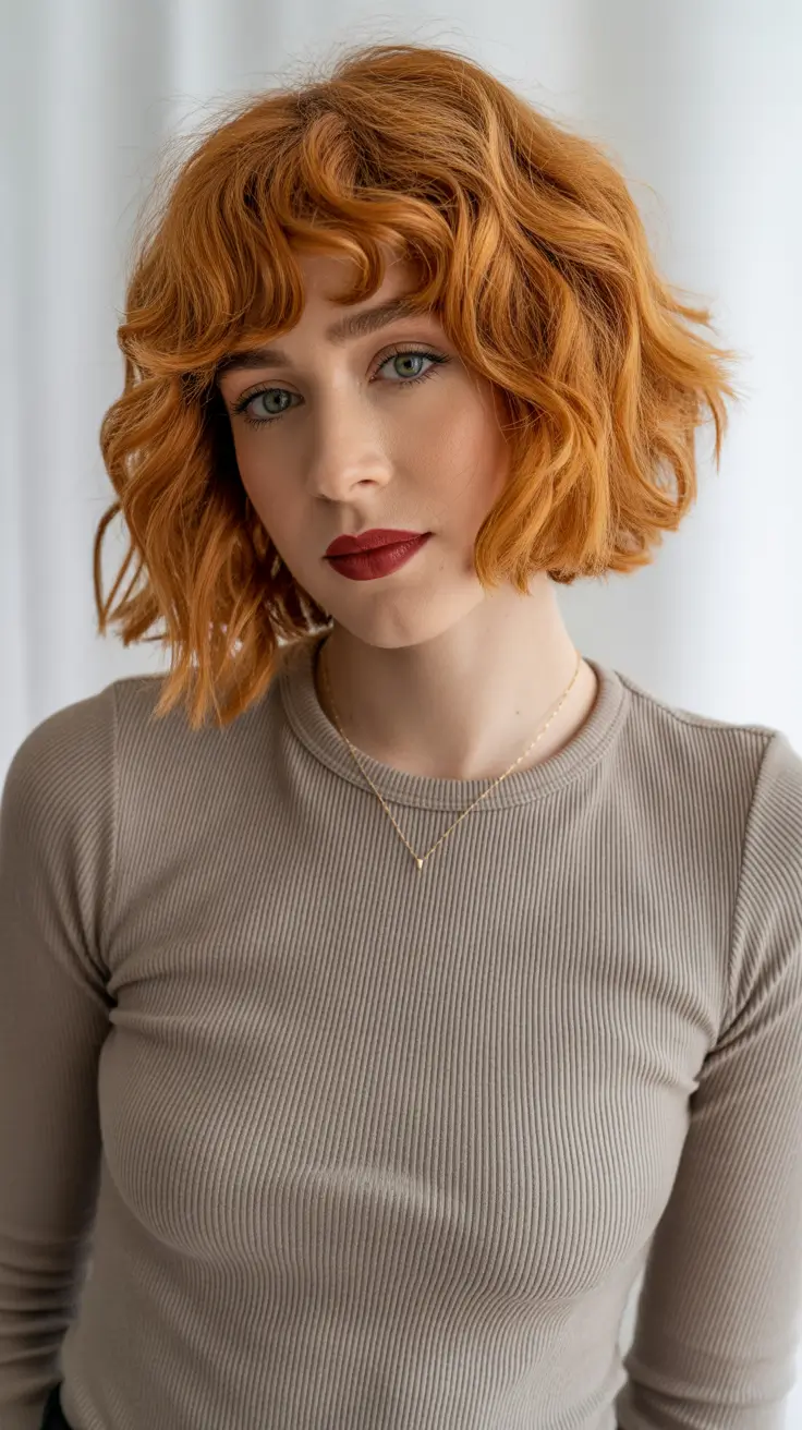amazing spring short hairstyles 2026 Wavy Copper Short Bob with Curved Fringe