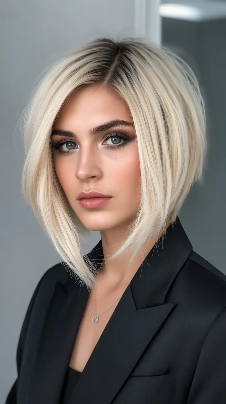 amazing spring short hairstyles 2026 Polished Angled Platinum Bob
