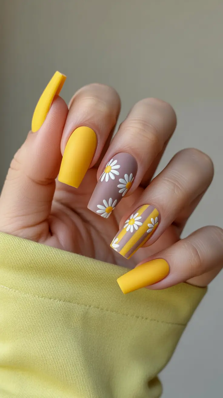 best colorful spring nails 2026 Sunlit Daisies and Matte Yellow Confidence
