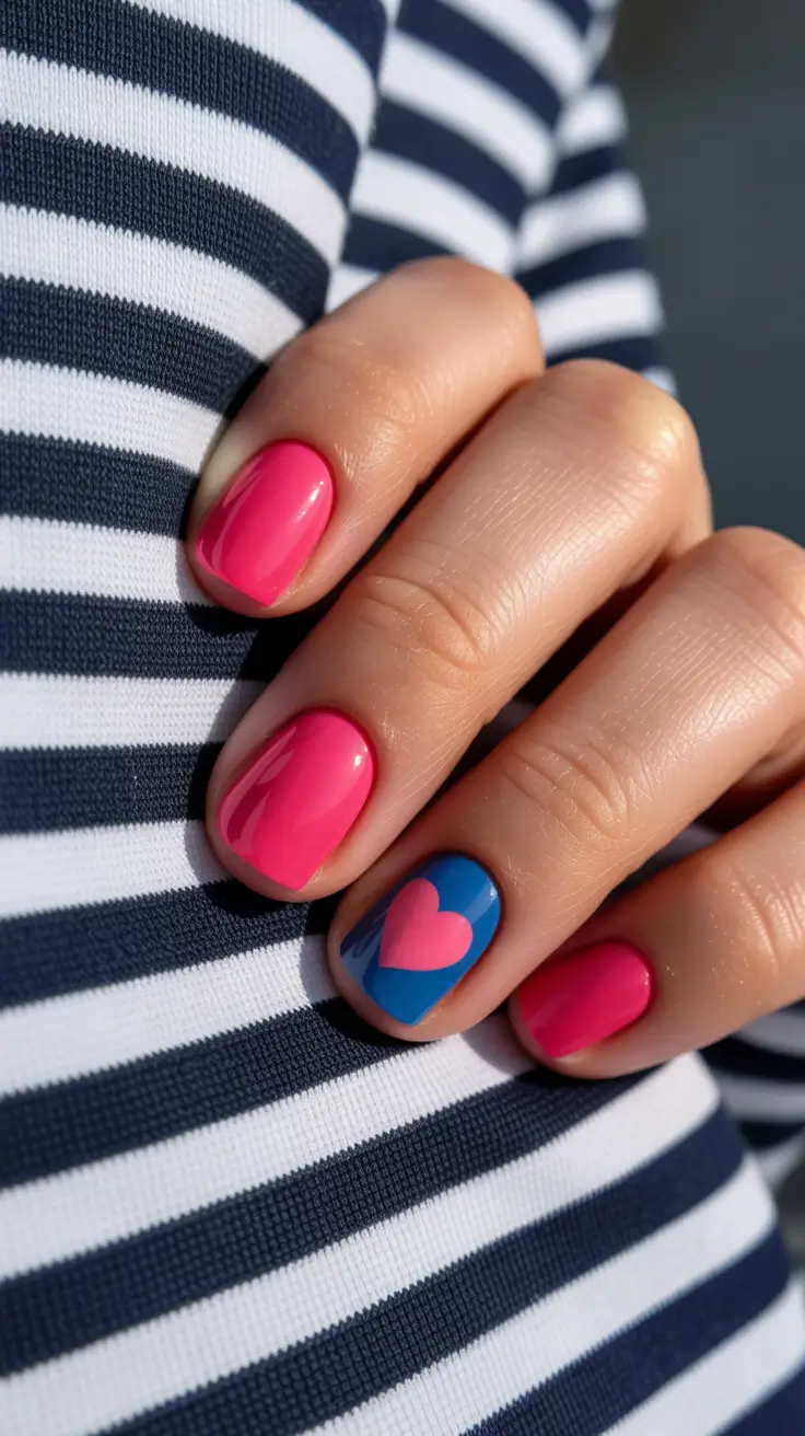 best colorful spring nails 2026 Bold Pink with a Graphic Heart Accent