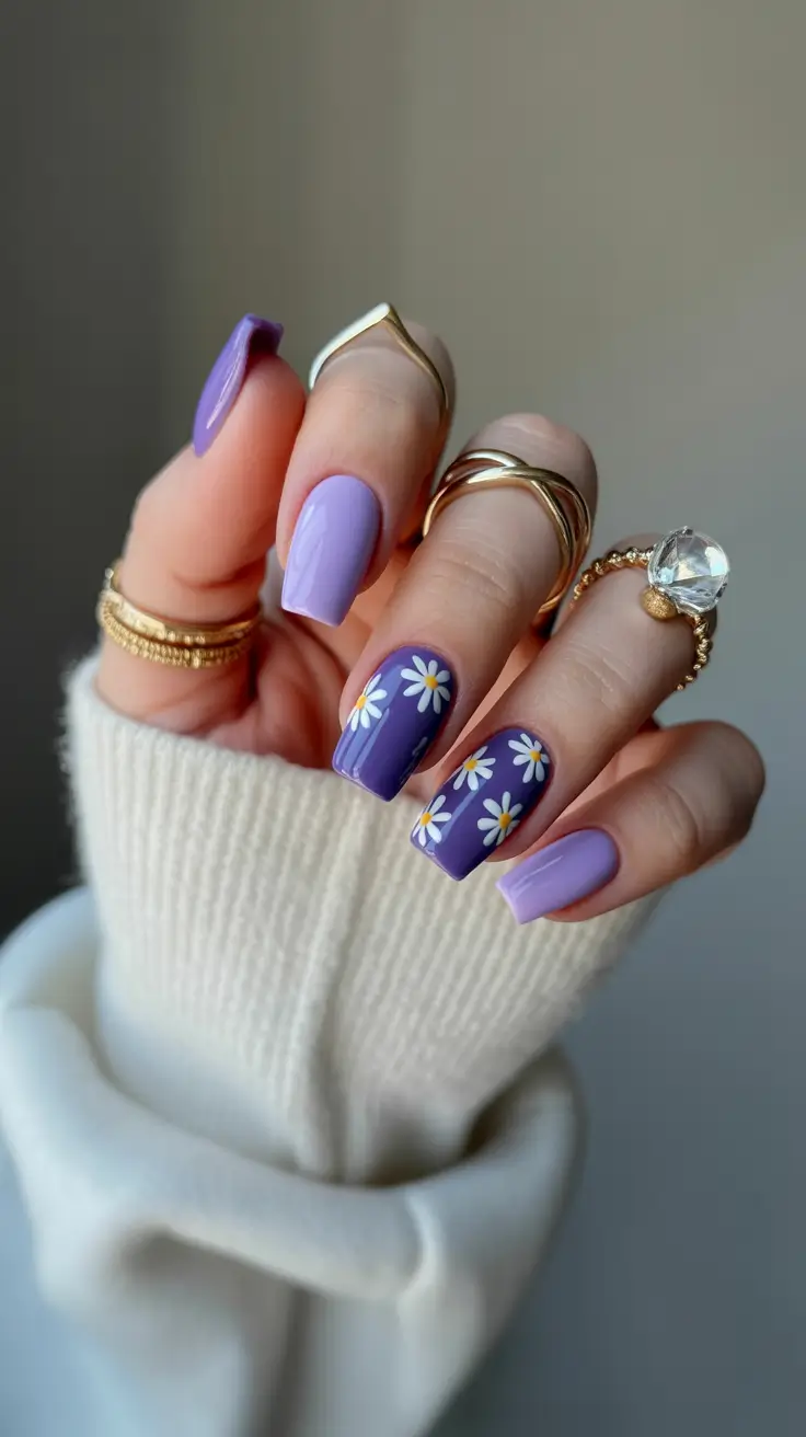 best colorful spring nails 2026 Lavender Florals with a Soft Retro Mood