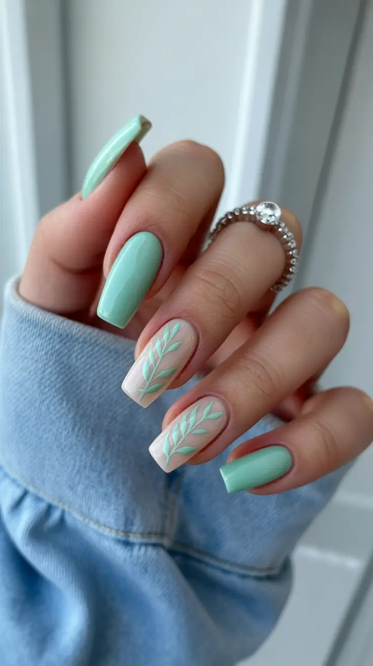 best colorful spring nails 2026 Mint Green Leaves for a Fresh Botanical Feel