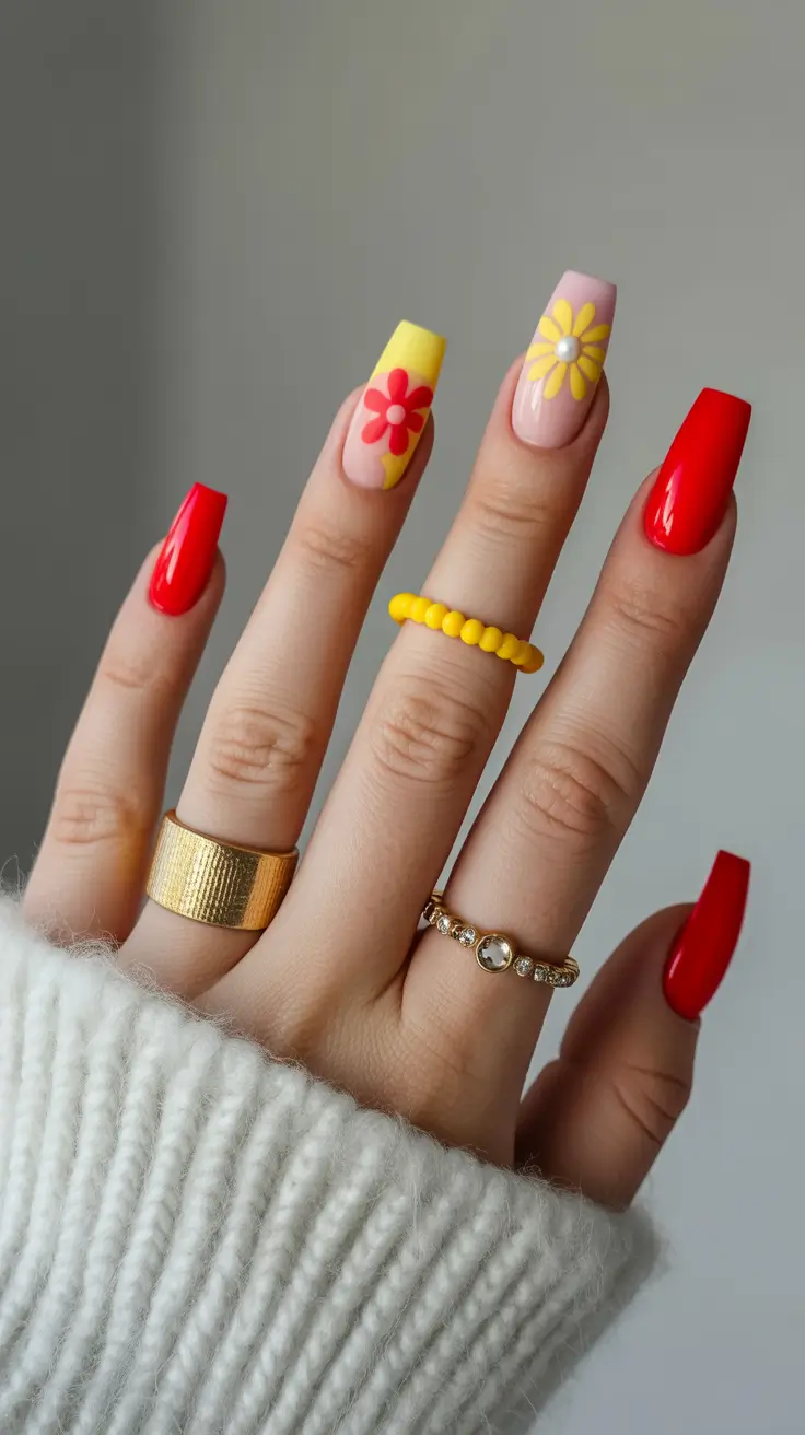 best colorful spring nails 2026 Retro Florals with a Glossy Red Statement