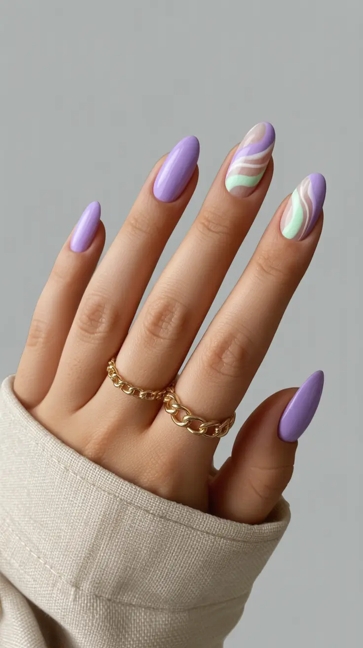best colorful spring nails 2026 Soft Lavender Waves with a Calm Modern Twist
