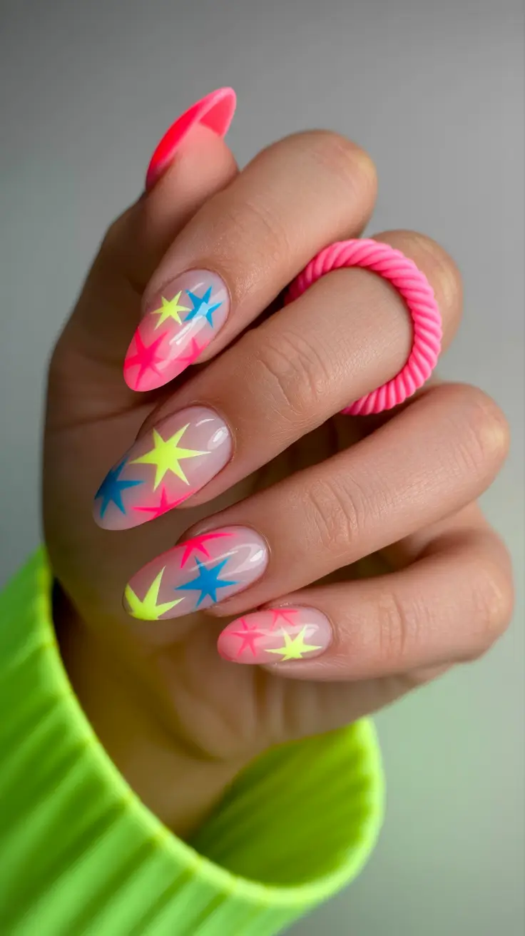 best colorful spring nails 2026 Neon Stars for a Bold Playful Finish
