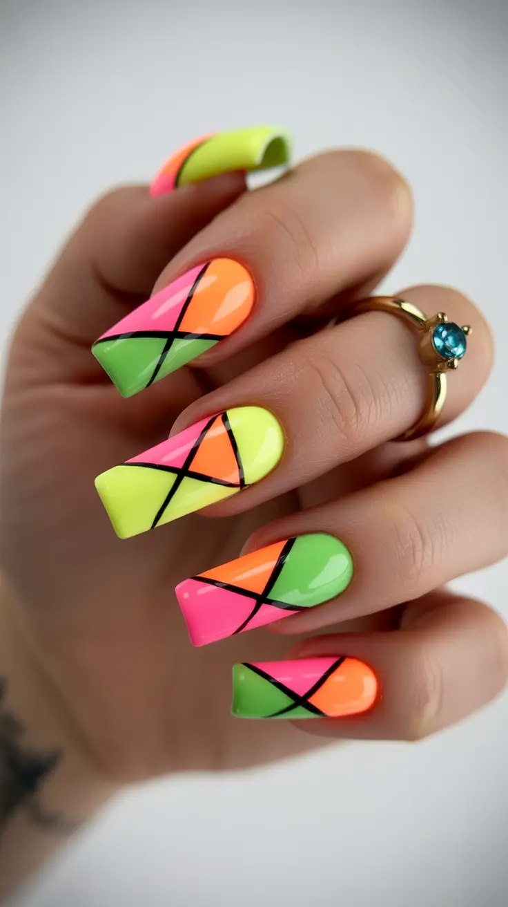 best colorful spring nails 2026 Neon Geometry with Sharp Graphic Contrast