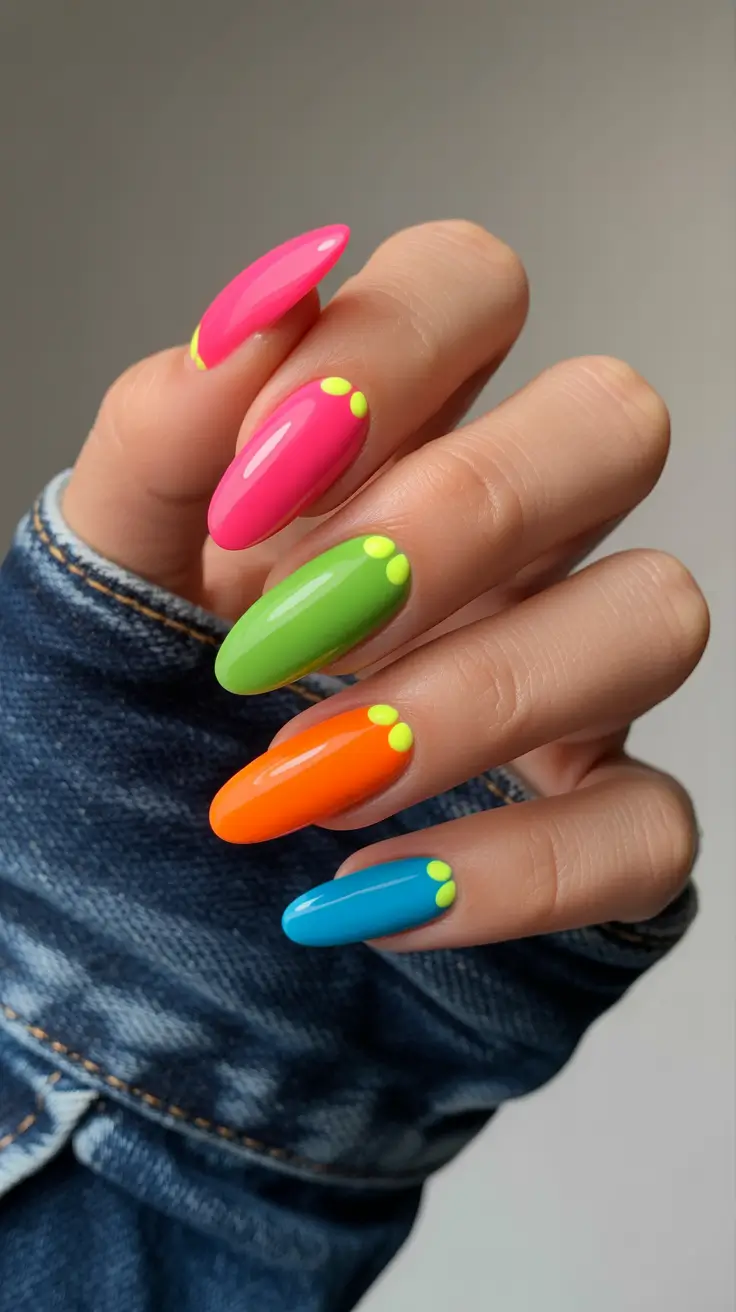 best colorful spring nails 2026 Playful Neon Dots on High Gloss Color