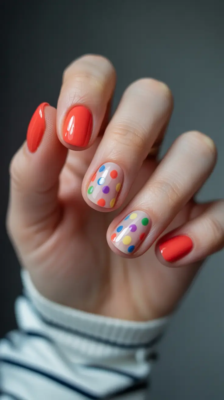 best colorful spring nails 2026 Playful Dots and Short Red Energy