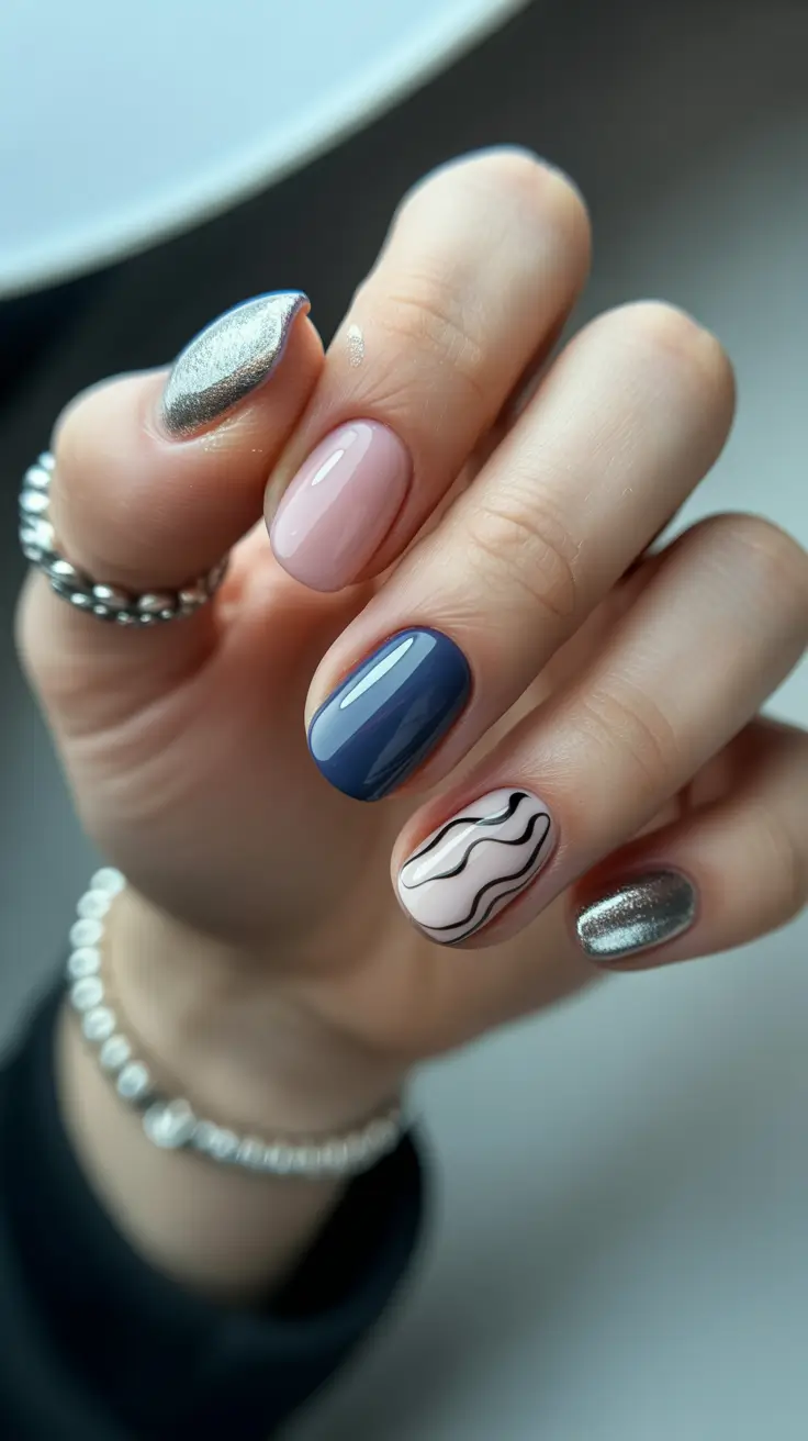 best colorful spring nails 2026 Cool Neutrals with Graphic Lines and Metallic Depth