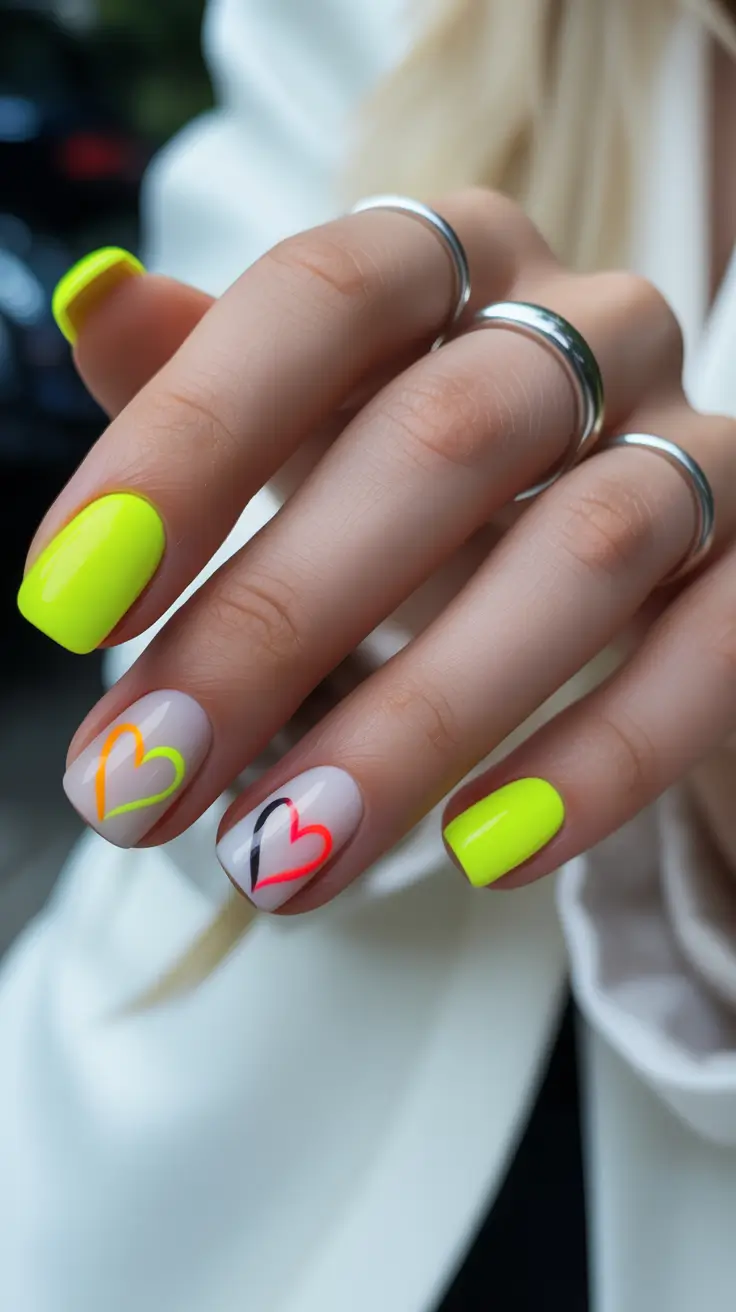 best colorful spring nails 2026 Neon Green Accents and Graphic Hearts