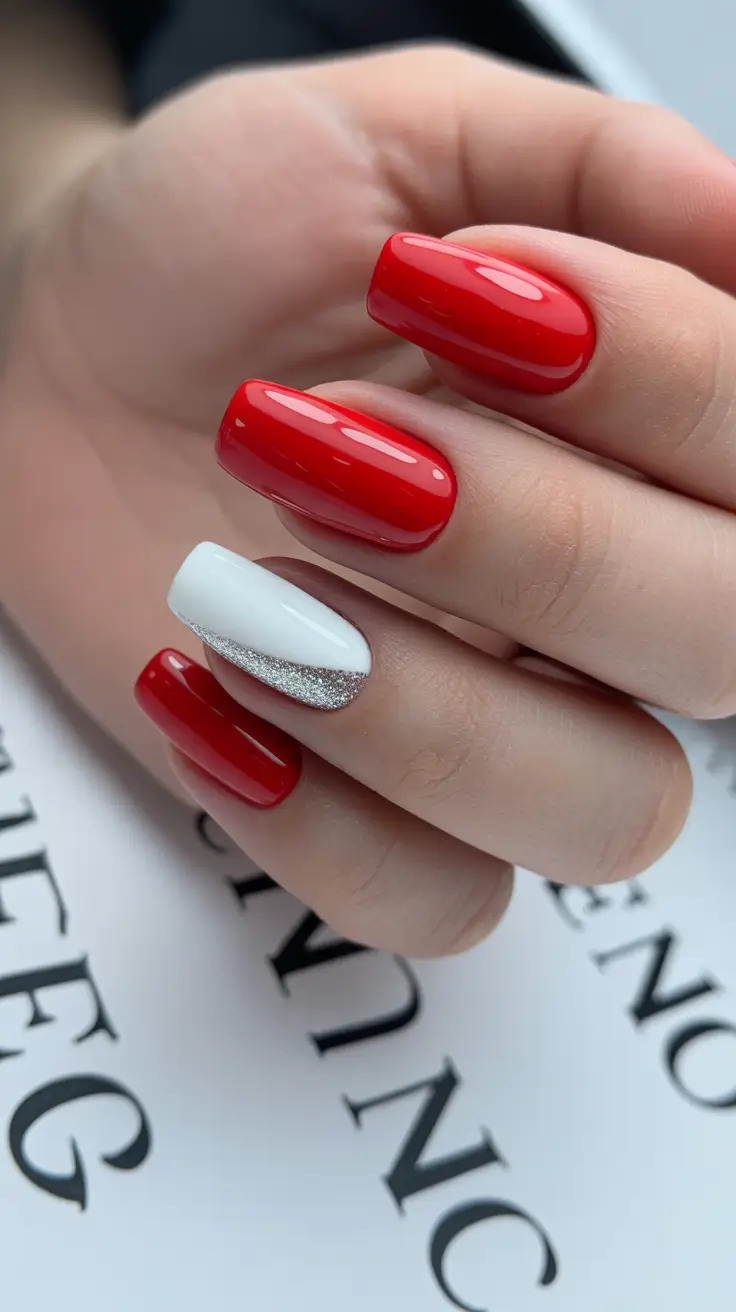 best colorful spring nails 2026 Glossy Red with a Subtle Silver Accent