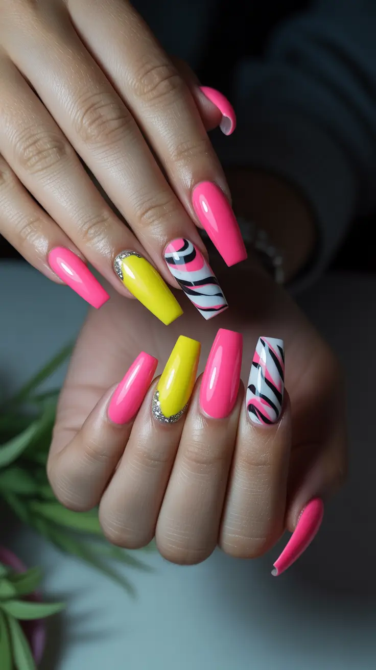 best colorful spring nails 2026 Neon Pink and Yellow with Graphic Swirl Energy