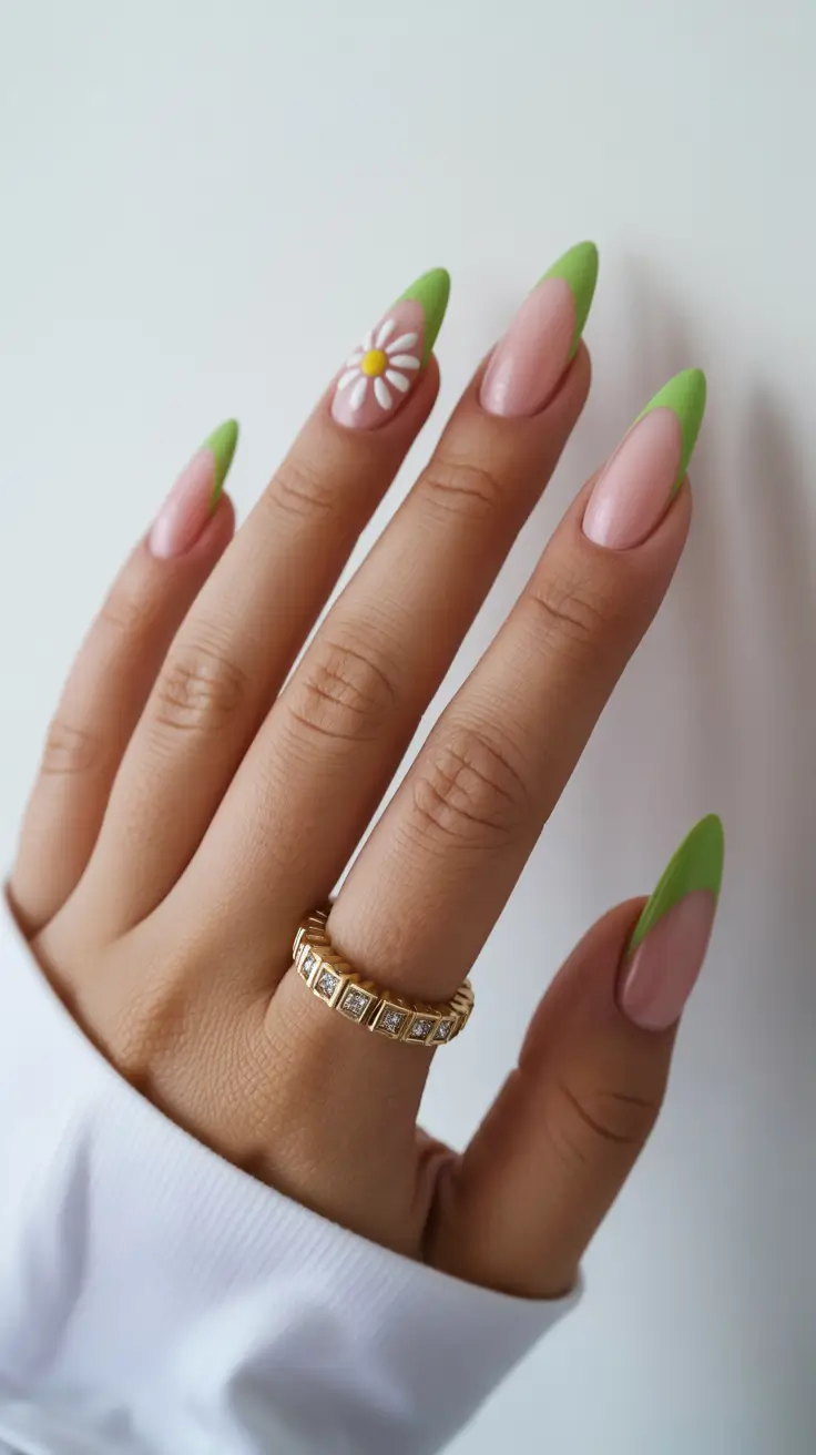 spring nail design 2026 Mint-Dipped Tips With a Daisy Accent