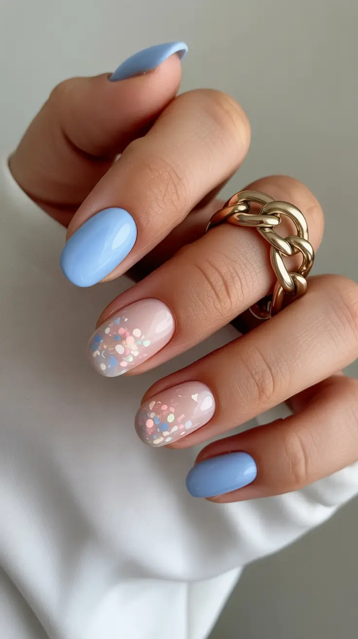 spring nail design 2026 Soft Blue Pastels With Confetti Sparkle