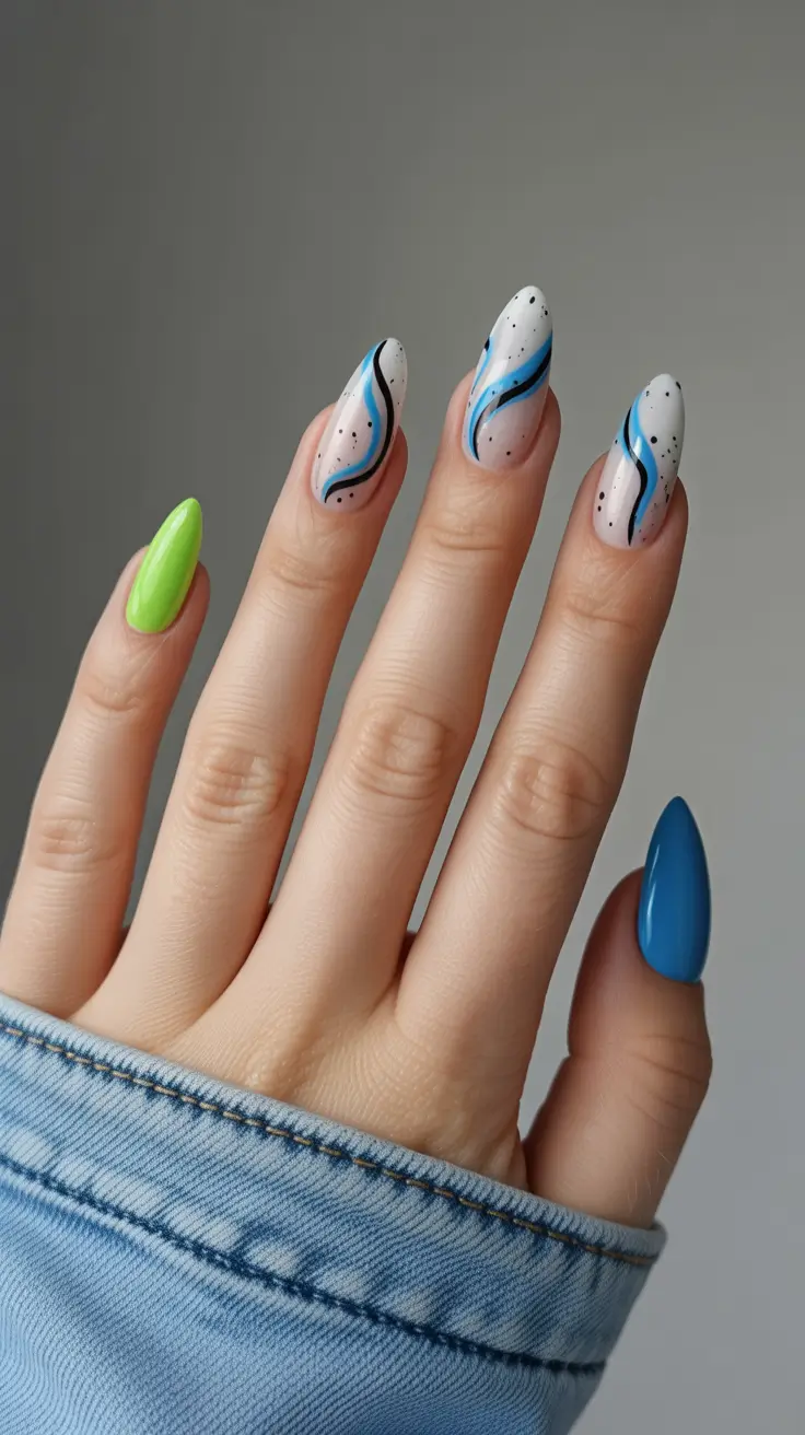 spring nail design 2026 Blue Wave Energy With Neon Pops