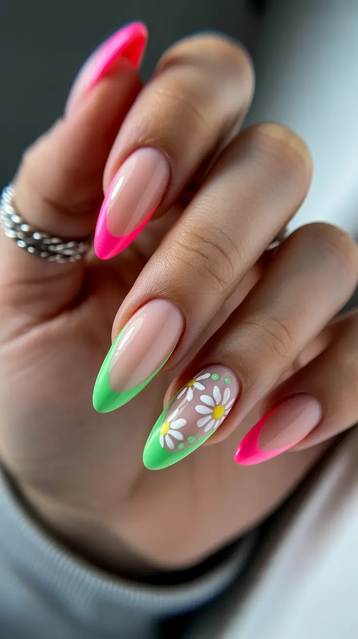 spring nail design 2026 Neon French Tips With Daisy Glow