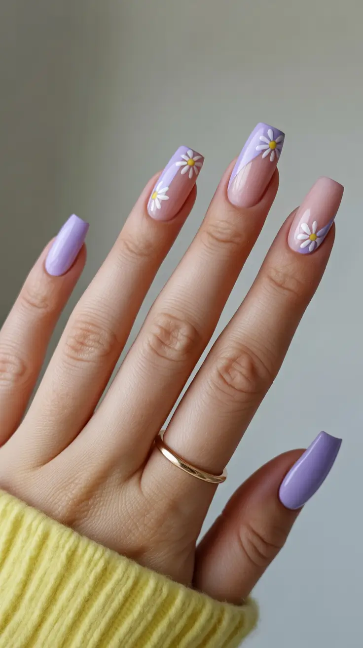 spring nail design 2026 Lavender Daisy Tips for a Calm Spring Glow