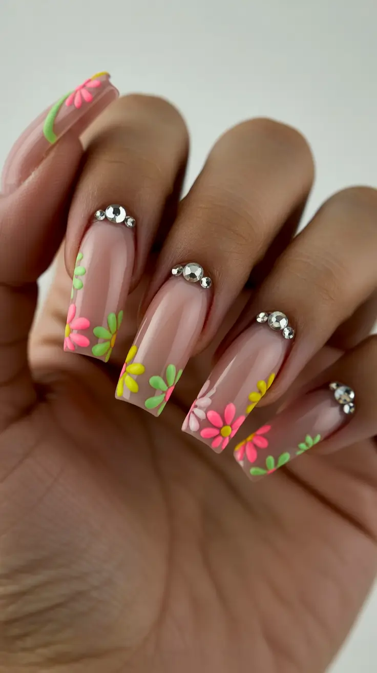 spring nail design 2026 Neon Blossoms with Crystal Glow