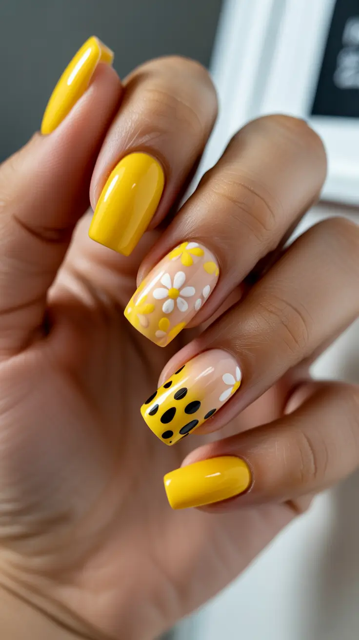 spring nail design 2026 Sunny Petals With Playful Polka Accents