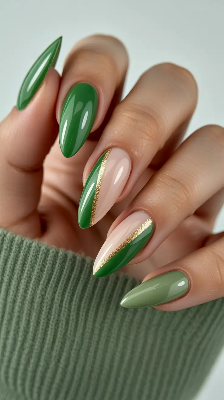 spring nail design 2026 Deep Forest Green With Golden Geometry