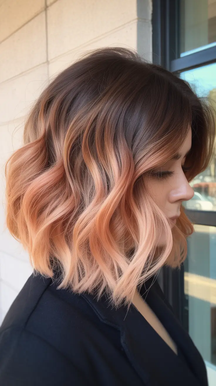 chic spring ombre hair color 2026 Soft Peach Melt on a Wavy Lob