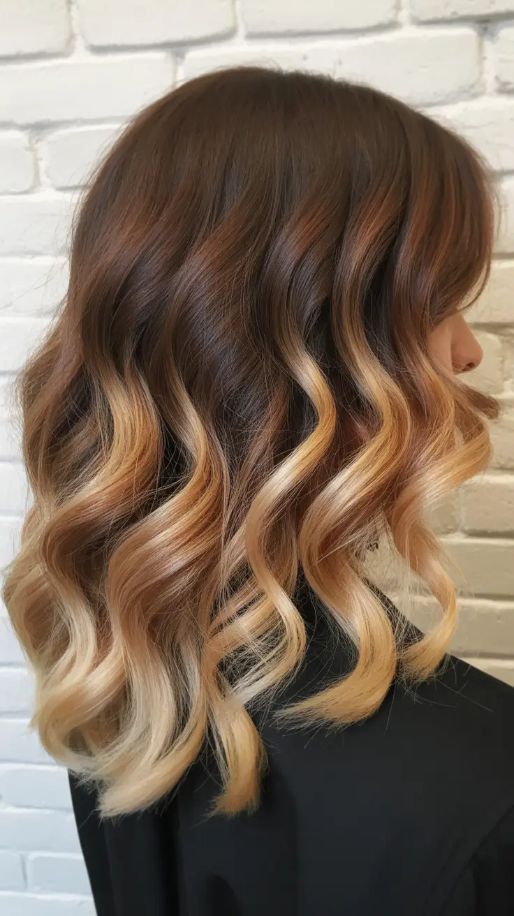 chic spring ombre hair color 2026 Golden Caramel Ombre with Sculpted Waves