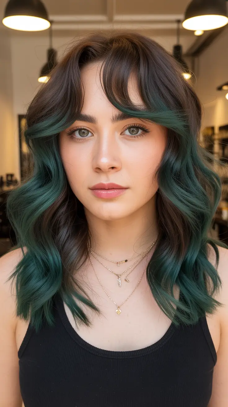 chic spring ombre hair color 2026 Emerald Ends with Soft Curtain Fringe