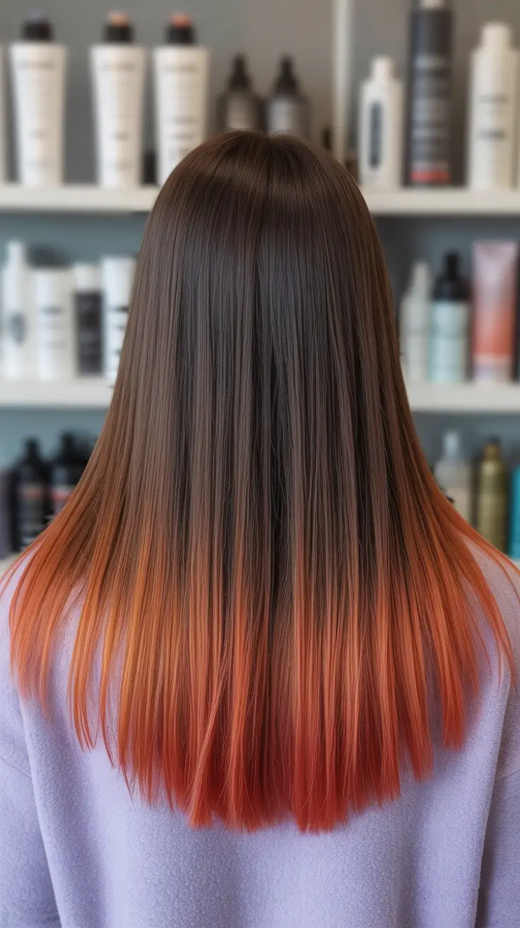 chic spring ombre hair color 2026 Sleek Brunette to Fiery Tangerine Fade