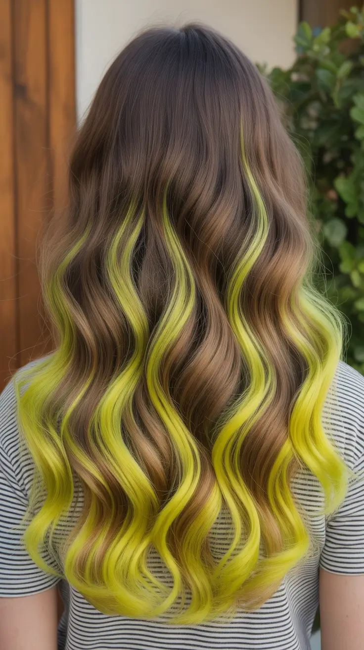 chic spring ombre hair color 2026 Brown to Neon Yellow Ombre Waves