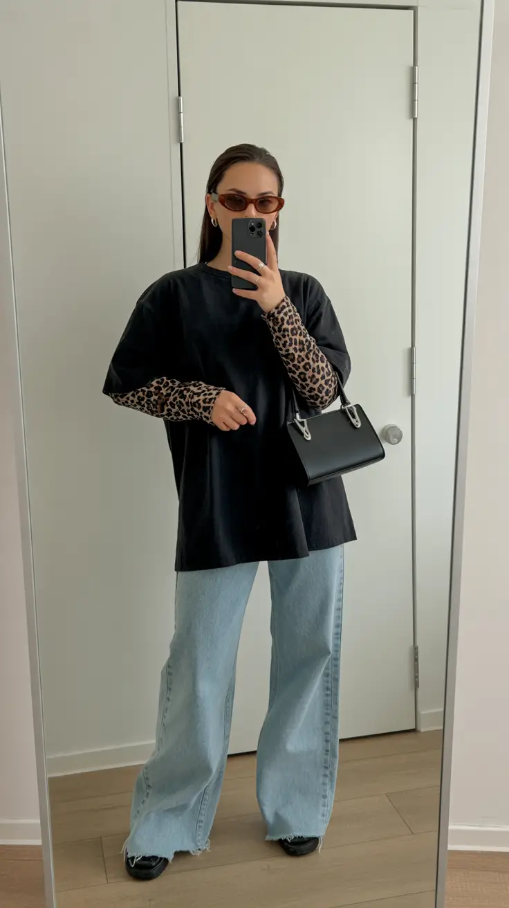 classy spring outfits 2026 Layered Black Tee with Leopard Sleeves for Edgy Spring Mood