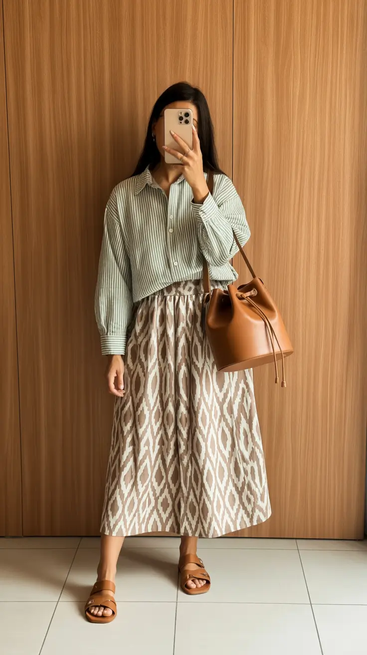 classy spring outfits 2026 Soft Stripes and Patterned Midi Skirt for Everyday Elegance