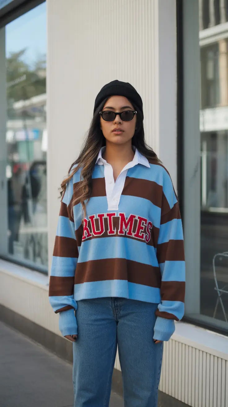 classy spring outfits 2026 Striped Rugby Sweater with Laid-Back Denim Cool
