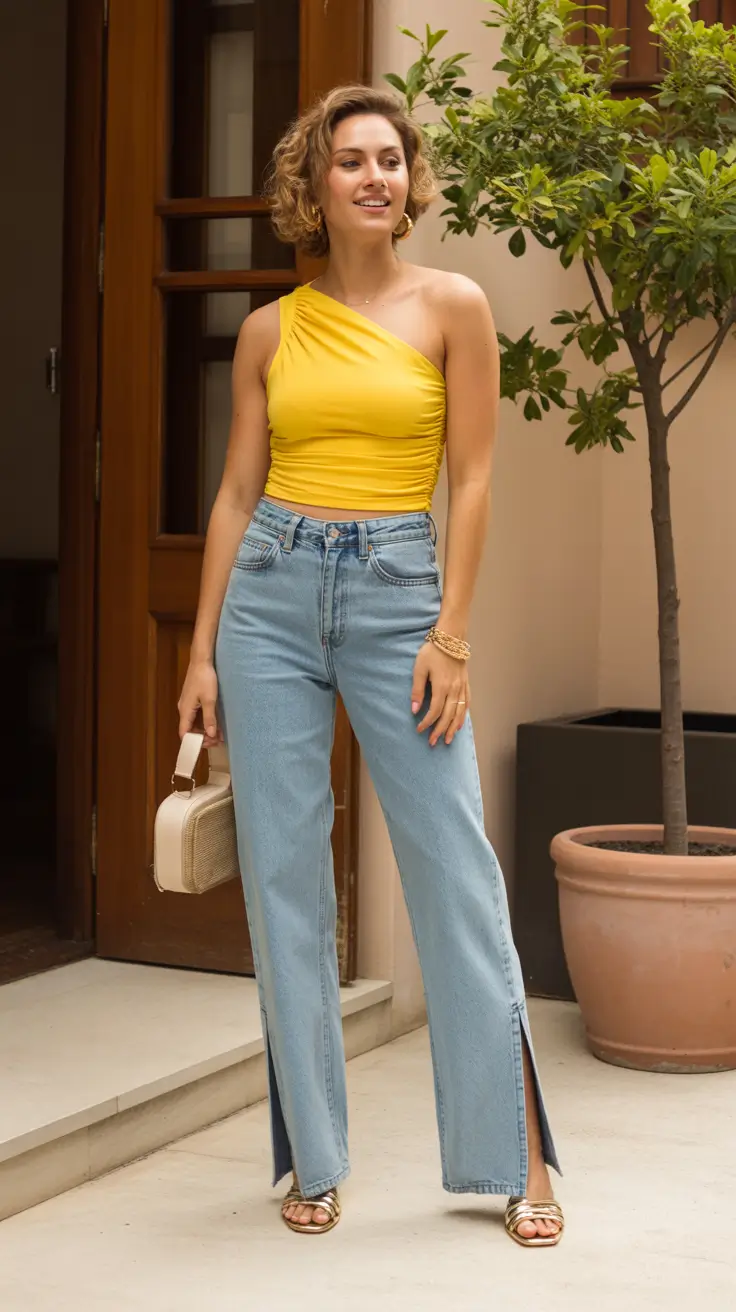 classy spring outfits 2026 Sunlit Yellow One-Shoulder Top with Classic Spring Denim