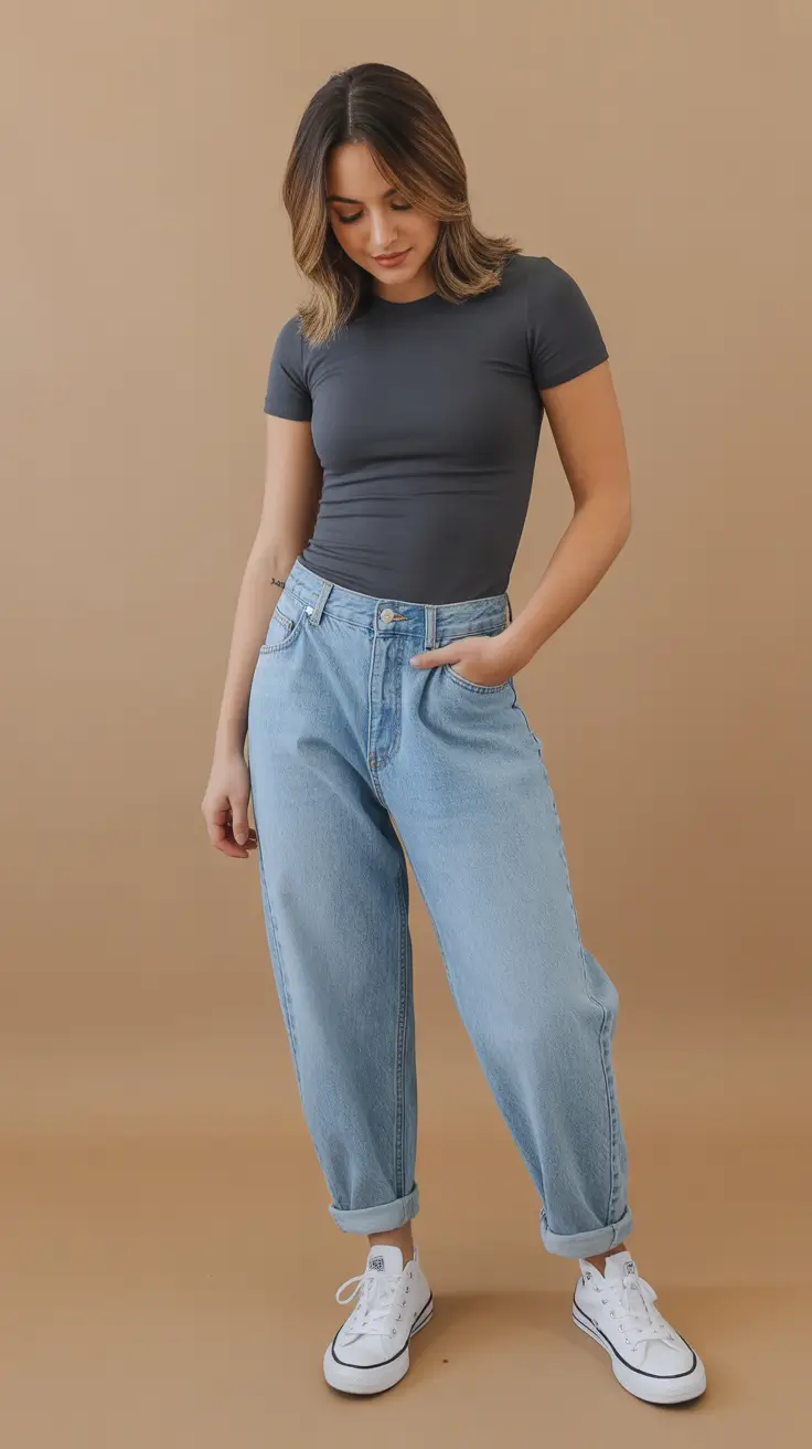 classy spring outfits 2026 Slate Fitted Top with Relaxed Folded Denim