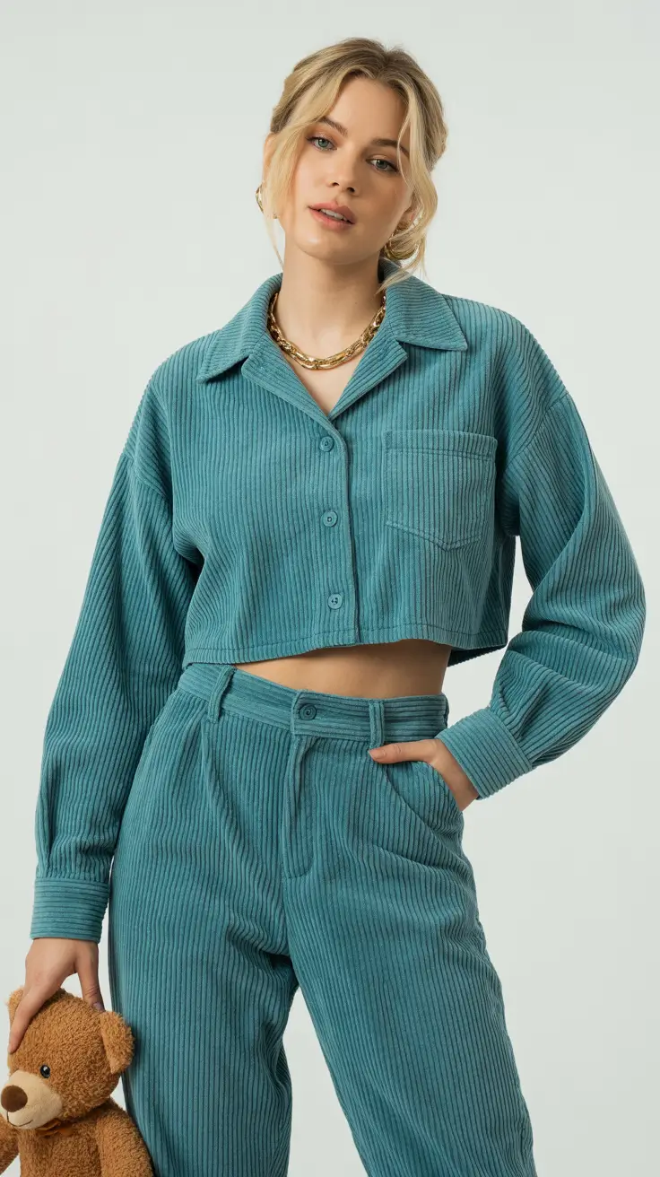 classy spring outfits 2026 Teal Corduroy Co-Ord with a Modern Twist