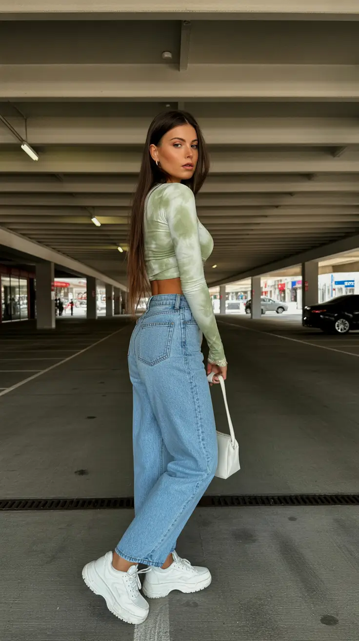 classy spring outfits 2026 Mint Tie-Dye Crop with High-Rise Spring Denim